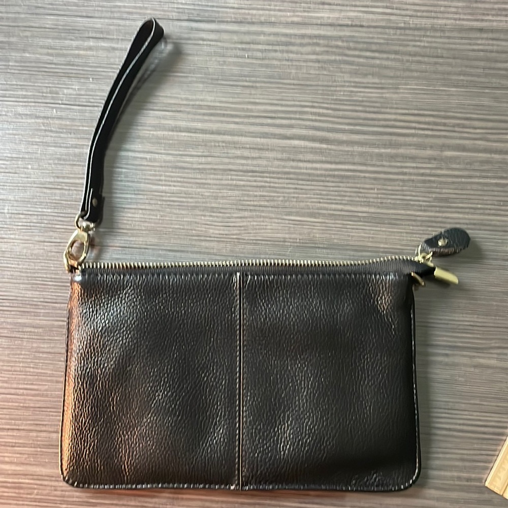 Black leather clutch with optional wristlet and gold hardware